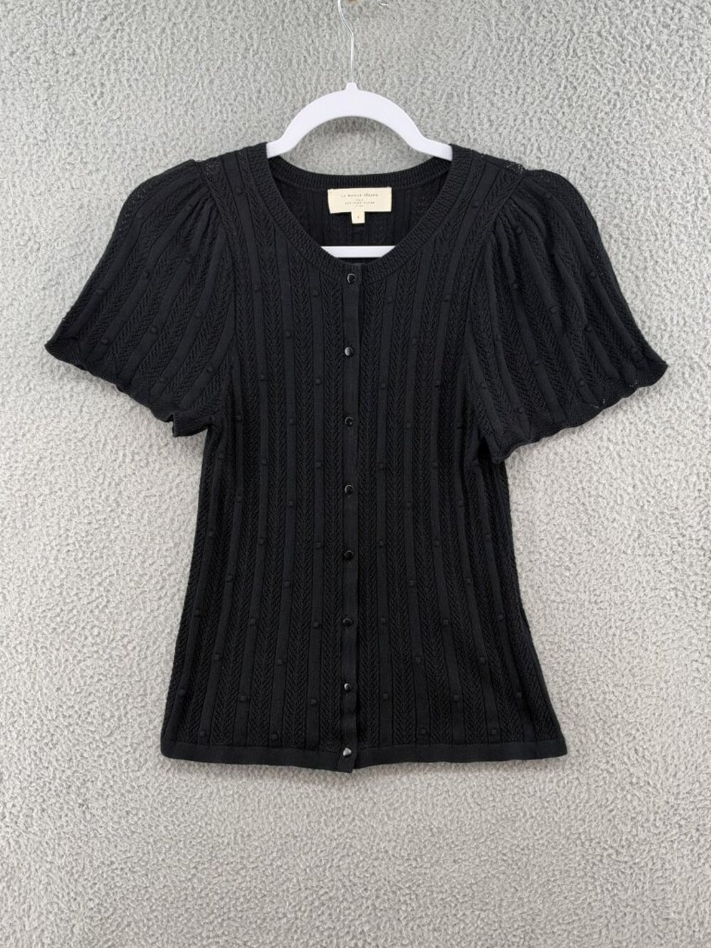Sézane Keyla Black Pointelle Knit Top Button Front S